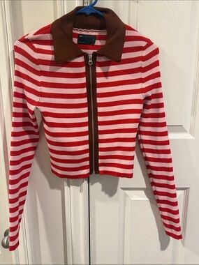 ASOS Red and White Striped Zip-Front Cropped Sweater with Brown Collar
